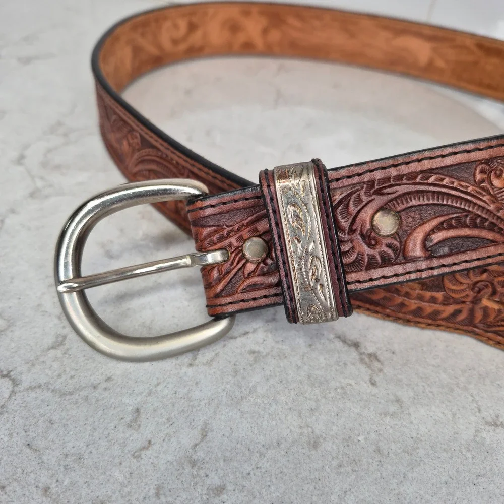 Silver Creek Belt Tooled Leather Eagle Tip 36 Brown Mens